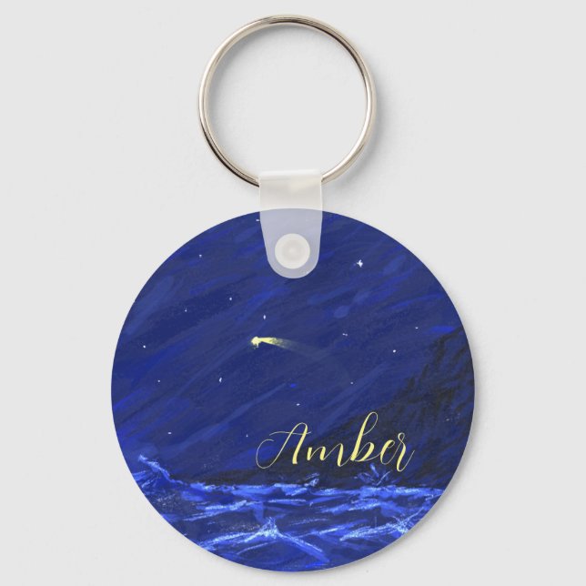 Night Sky Ocean Cliff Shooting Star Canvas Keychain (Front)