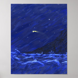 Night Sky Ocean Cliff Shooting Star Canvas Poster