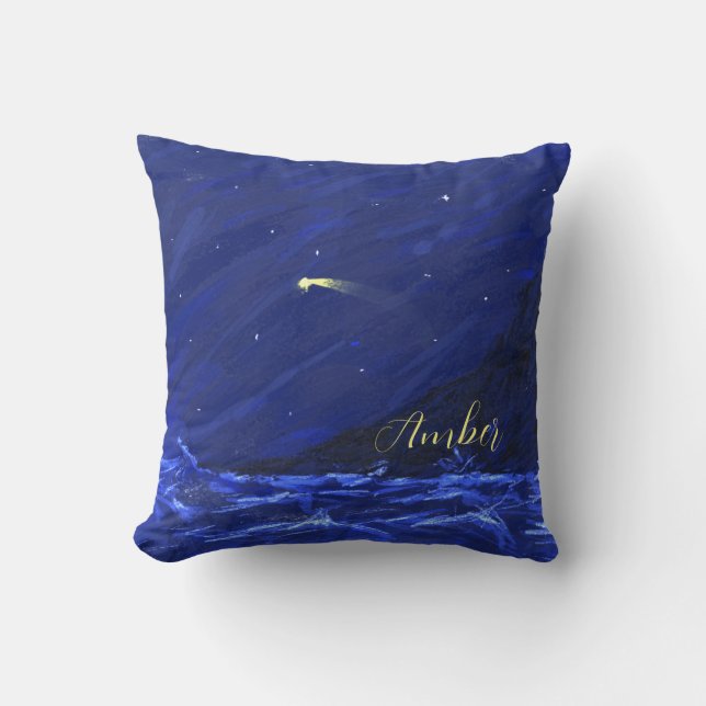 Night Sky Ocean Cliff Shooting Star Personalized Throw Pillow (Front)