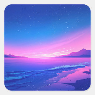 Night Sky Over Pink and Purple Beach Shoreline Square Sticker