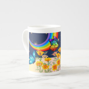 Night Sky, Rainbow, Butterflies, and Flowers Bone China Mug