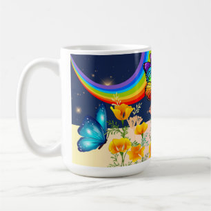 Night Sky, Rainbow, Butterflies, and Flowers Coffee Mug