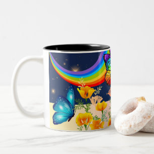 Night Sky, Rainbow, Butterflies, and Flowers Two-Tone Coffee Mug