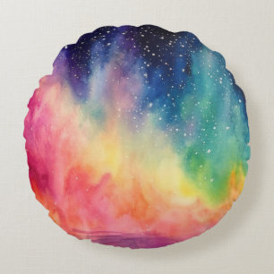 Night Sky Rainbow Watercolour Abstract Art Round Pillow