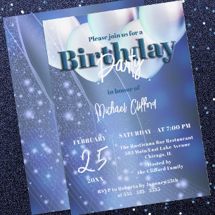 Night Sky Sparkles Blue & White Balloons Birthday  Invitation
