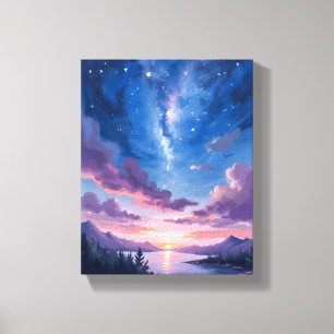 Night Sky   Starry Lake Purple Watercolor Canvas Print
