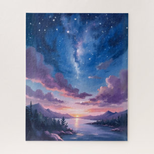 Night Sky   Starry Lake Purple Watercolor Jigsaw Puzzle