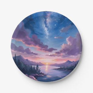 Night Sky Starry Lake Purple Watercolor Paper Plate