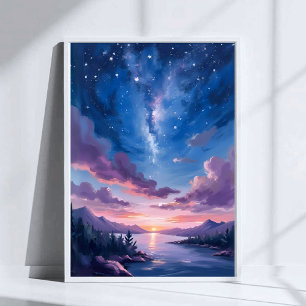 Night Sky   Starry Lake Purple Watercolor Poster