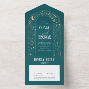 Night Sky Stars Celestial Arch Teal Wedding All In One Invitation