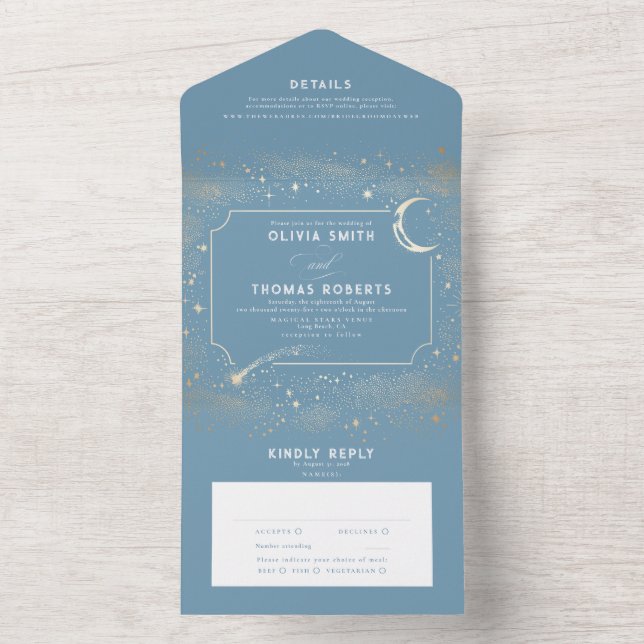 Night Sky Stars Celestial Dusty Blue Wedding All In One Invitation (Inside)