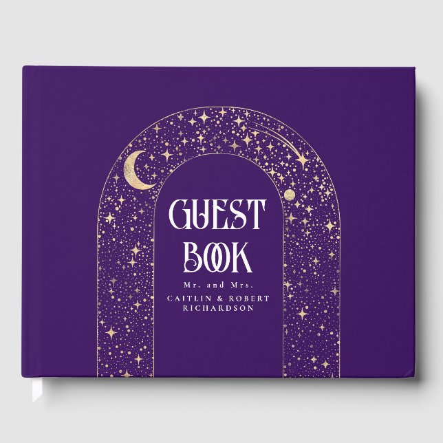 Night Sky Stars Celestial Purple Wedding Guest Book (Front)