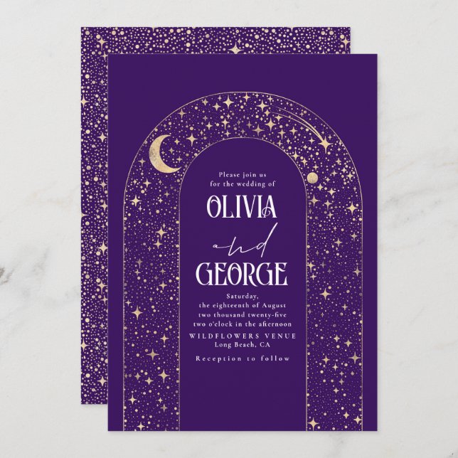 Night Sky Stars Celestial Romantic Purple Wedding Invitation (Front/Back)