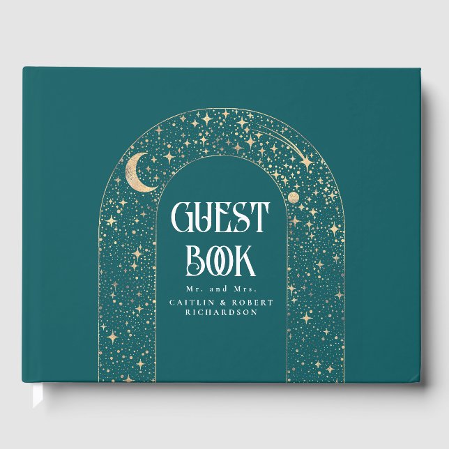 Night Sky Stars Celestial Teal Wedding Guest Book (Front)