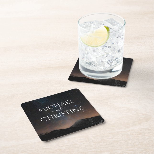 Night sky wedding under the stars square paper coaster (Insitu)