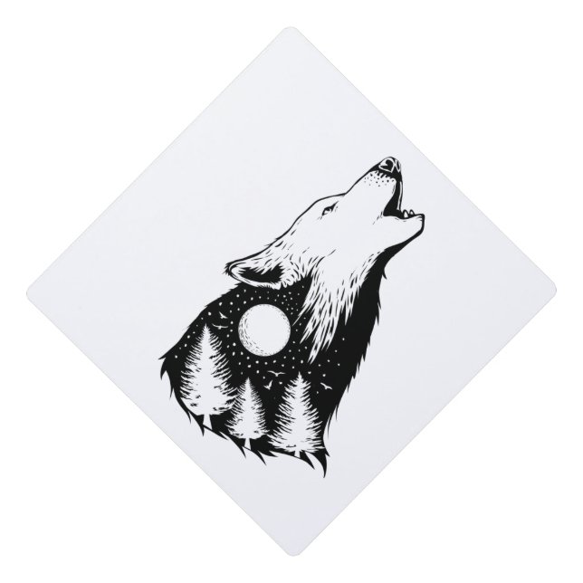 Night Sky Wilderness Howling Wolf Graduation Cap Topper (Front)