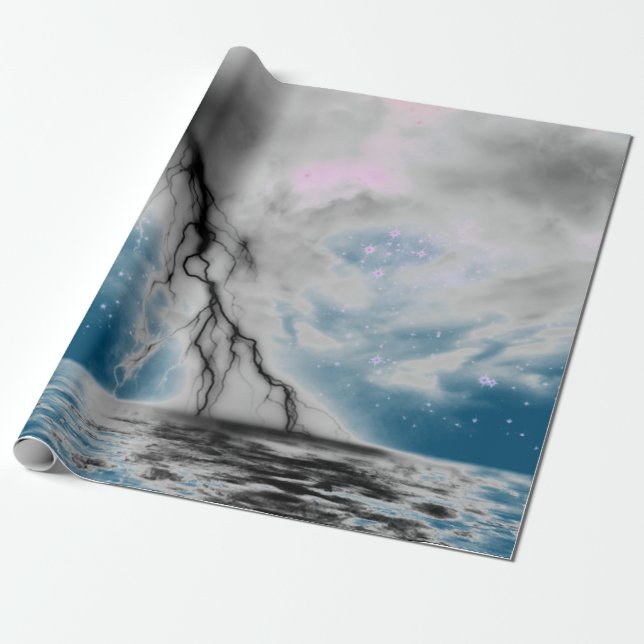 NIGHT SKY WITH BLACK LIGHTNING BLUE SEA GIFT WRAP (Unrolled)