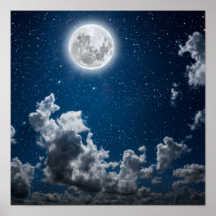 Night Sky with Stars and Moon and Clouds Poster