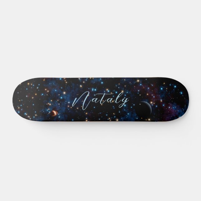 Night sky with stars and planets personalized skateboard (Horz)