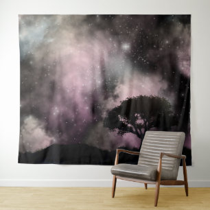 Night Sky Woodland Tree Silhouette Landscape Tapestry