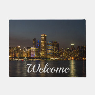 Night Skyline Chicago Pano Welcome Doormat