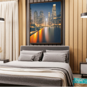 Night Skyline with Full Moon: Digital Painting on  Canvas Print