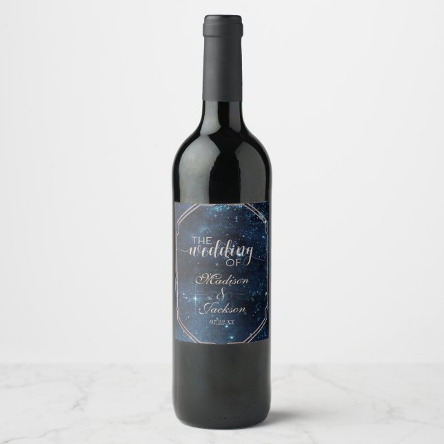 Night Star Sky Celestial Galaxy Wedding Monogram Wine Label (Front)