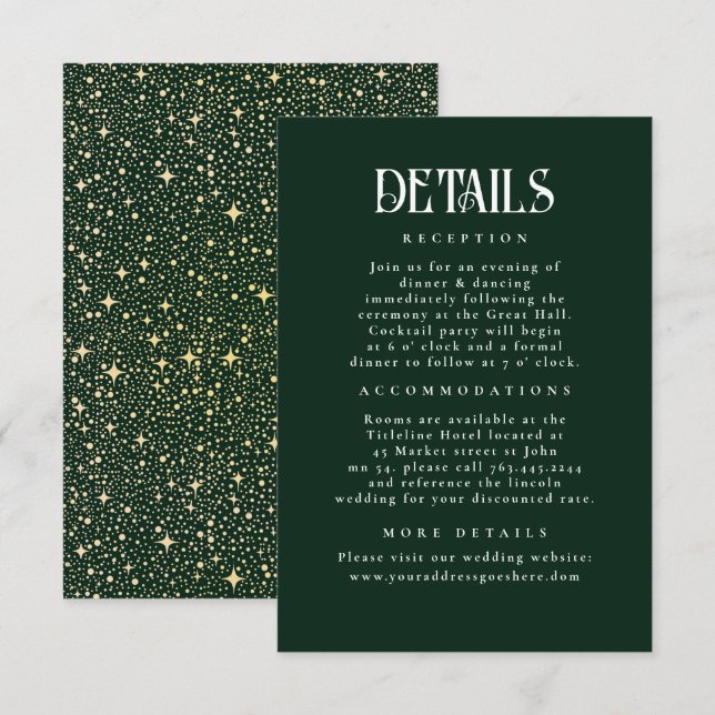 Night Stars Emerald Green Wedding Details Enclosure Card (Front/Back)