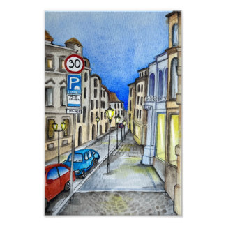 Night street of Prague, watercolor Photo Print