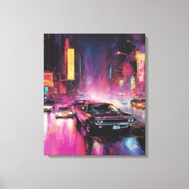 Night-time Street Racing in Vibrant City Canvas Print (Front)