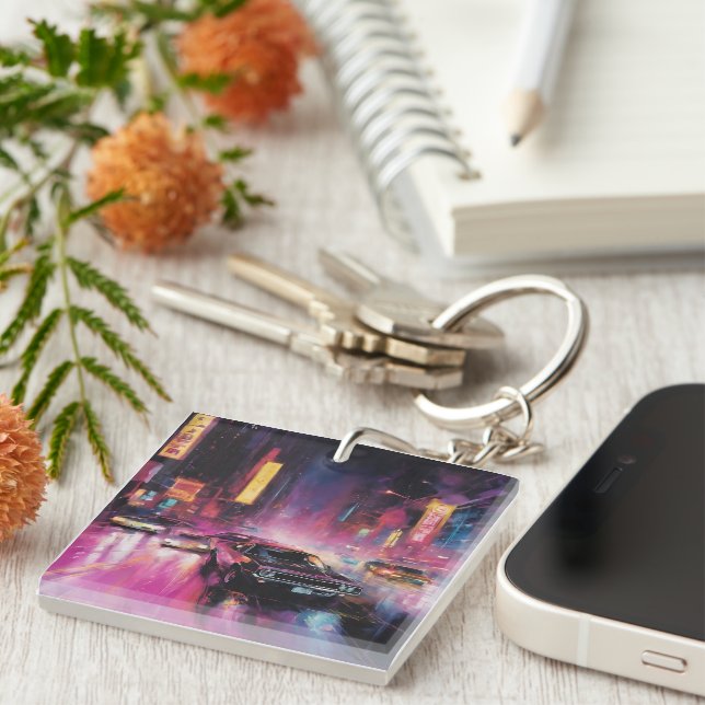 Night-time Street Racing in Vibrant City Keychain (Front Right)