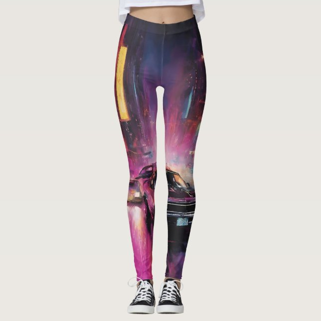 Night-time Street Racing in Vibrant City Leggings (Front)