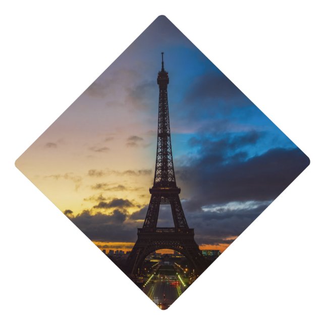 Night to Day over Eiffel tower from Trocadero Graduation Cap Topper (Front)