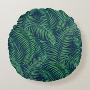 Night tropical palm leaves round pillow