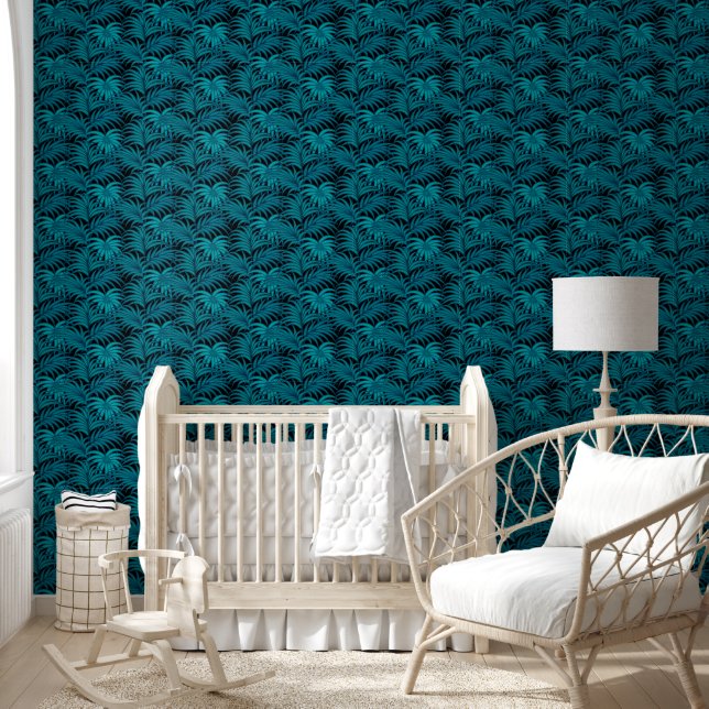 Night Tropical Teal Palm Leaves Wallpaper (Kids)