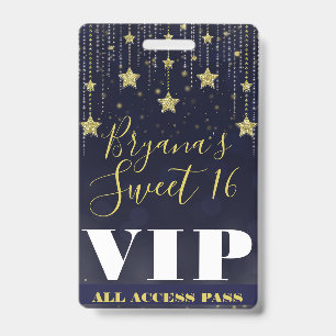 Night under Stars Gold Dark Blue Sweet 16 VIP Pass Badge