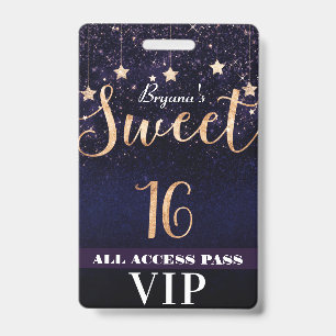 Night under Stars Gold Purple Sweet 16 VIP Pass Badge