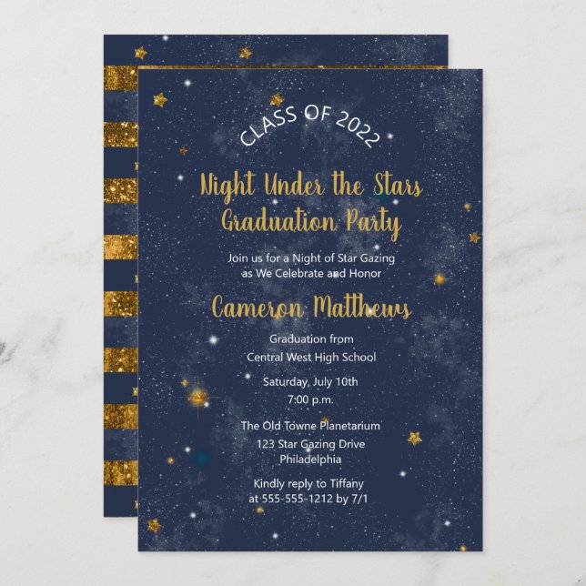 Night Under the Stars Blue | Gold Graduation Party Invitation (Front/Back)