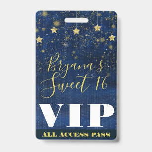 Night under the Stars Gold Blue Sweet 16 VIP Pass Badge