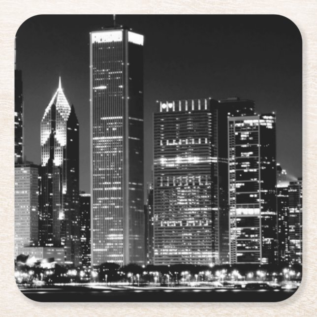 Night view of Chicago's famous cityscape Square Paper Coaster (Front)