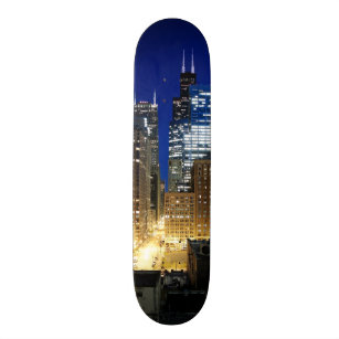 Night view of cityscape of Chicago Skateboard