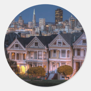 Night view of 'painted ladies' houses classic round sticker