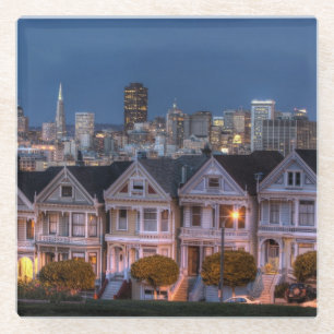 Night view of 'painted ladies' houses glass coaster