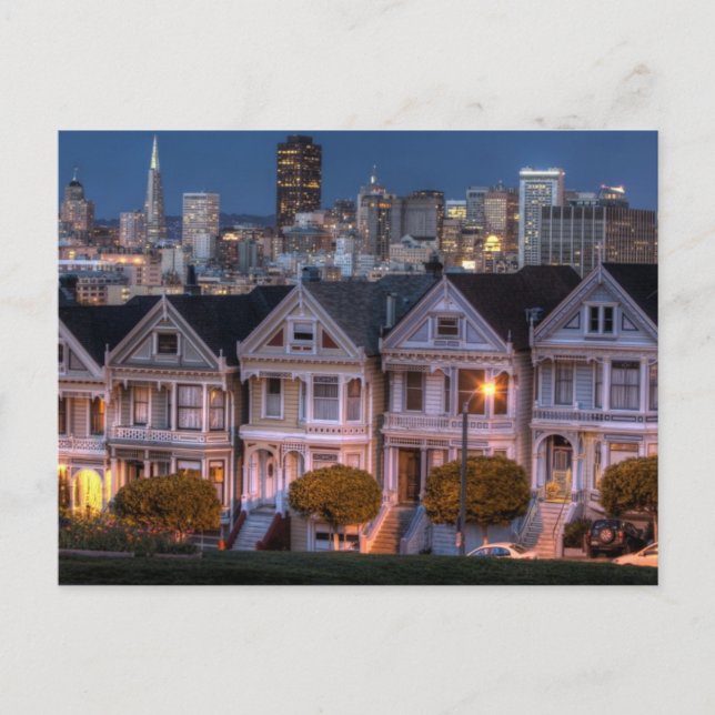 Night view of 'painted ladies'  houses postcard (Front)
