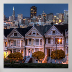 Night view of 'painted ladies' houses poster
