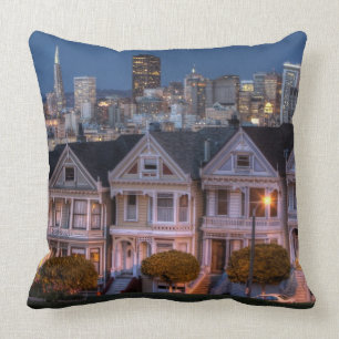 Night view of 'painted ladies' houses throw pillow