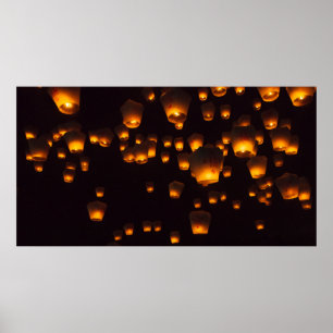 Night View of Sky Lanterns Poster