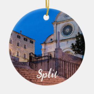 Night view of stairs and church in Split, Croatia Ceramic Ornament