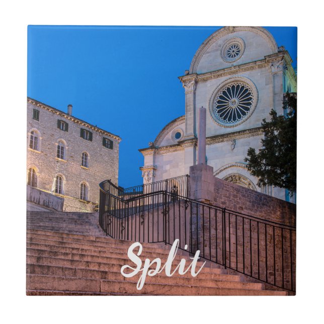 Night view of stairs and church in Split, Croatia Tile (Front)