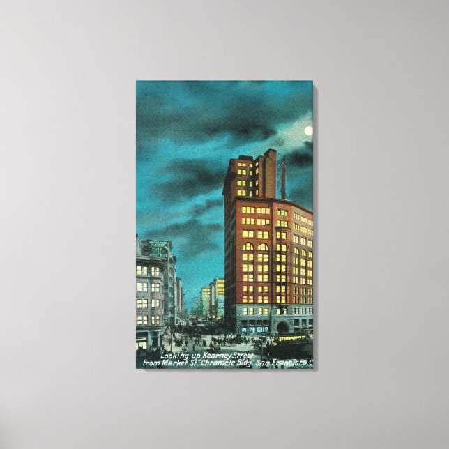 Night View up Kearney St at Chronicle Bldg Canvas Print (Front)